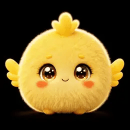 Un personaje del mundo de Bubbles: bolita de peluche amarilla con un copete de plumas