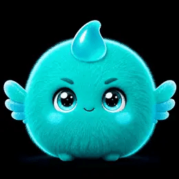 Un personaje del mundo de Bubbles: bolita de peluche color celeste con una gota de agua en la cabeza