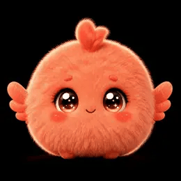 Un personaje del mundo de Bubbles: bolita de peluche color coral con un mechón en forma de corazón