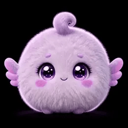 Un personaje del mundo de Bubbles: bolita de peluche color lavanda con un rizo en la cabeza