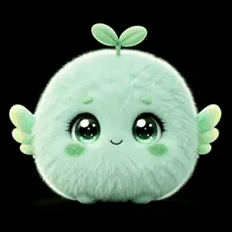 Un personaje del mundo de Bubbles: bolita de peluche color menta con dos hojitas en la cabeza