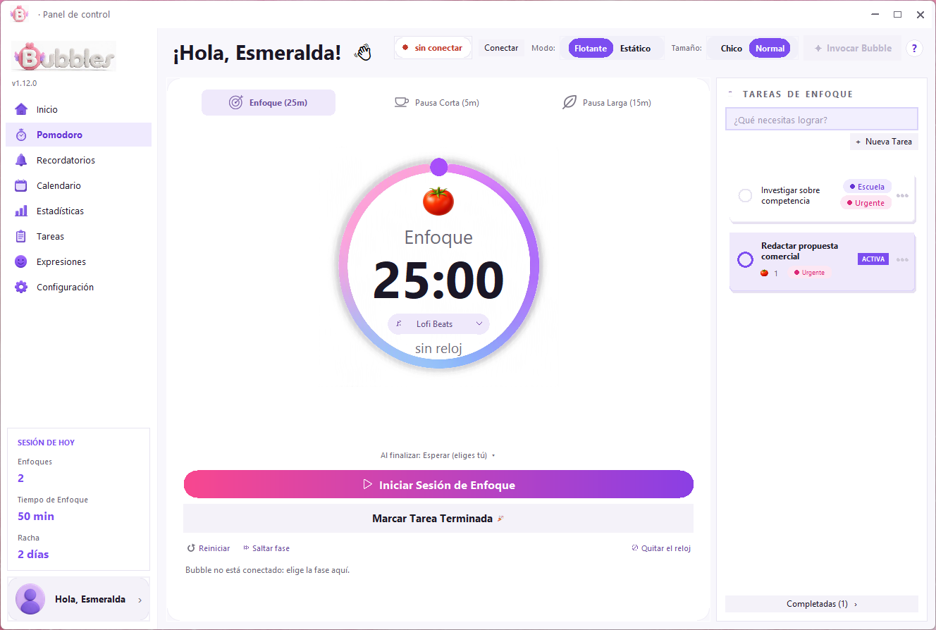 La pantalla de Pomodoro del panel de Bubbles, con la cuenta atrás en 25:00