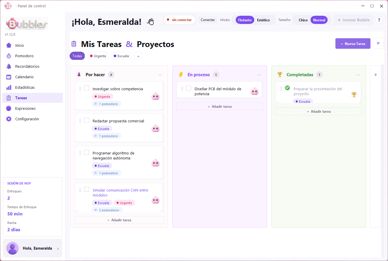 La sección de tareas de Bubbles
